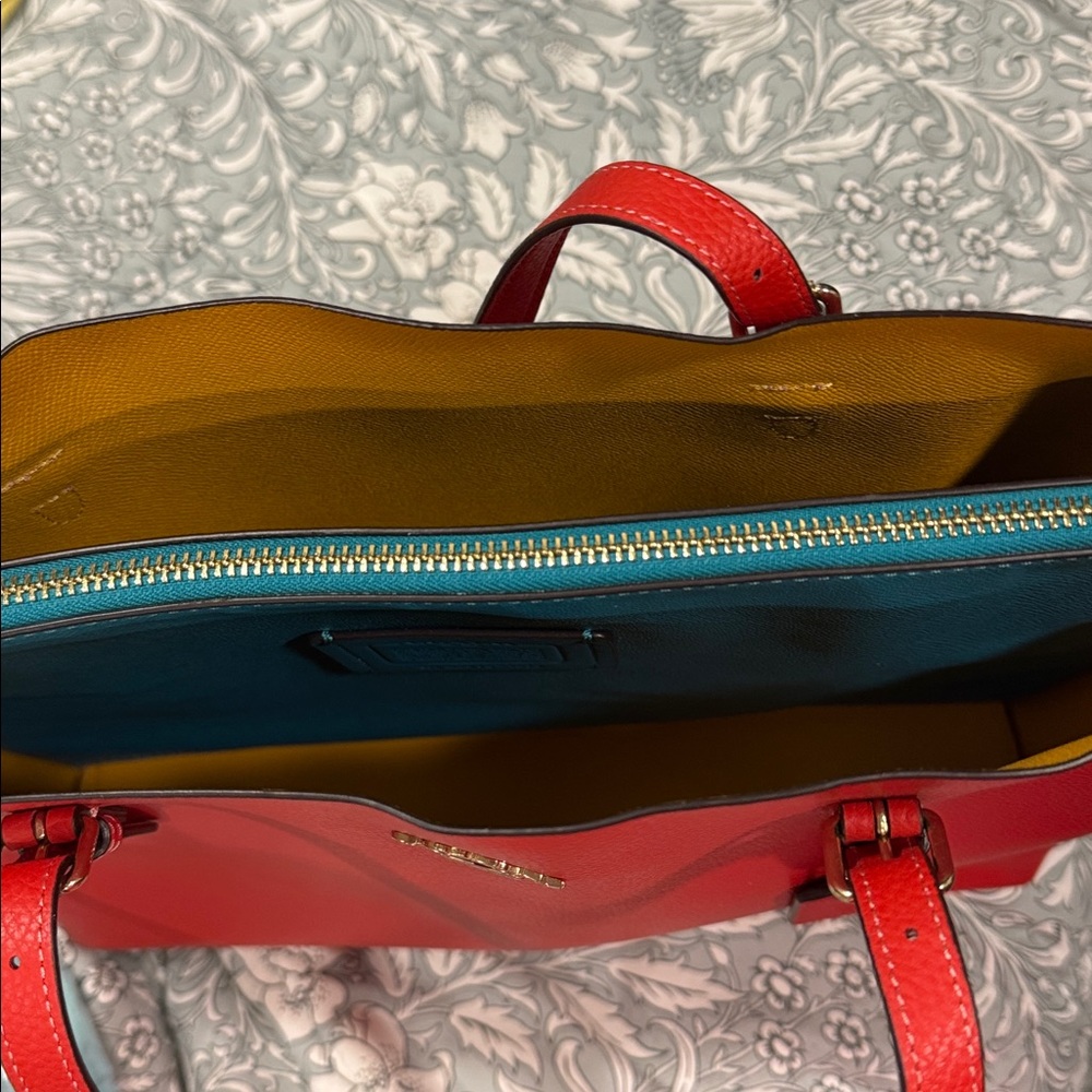 Coach Red /Orange Tote Bag; Lg., beautiful; NWOT; yellow and teal interior. - Picture 12 of 12